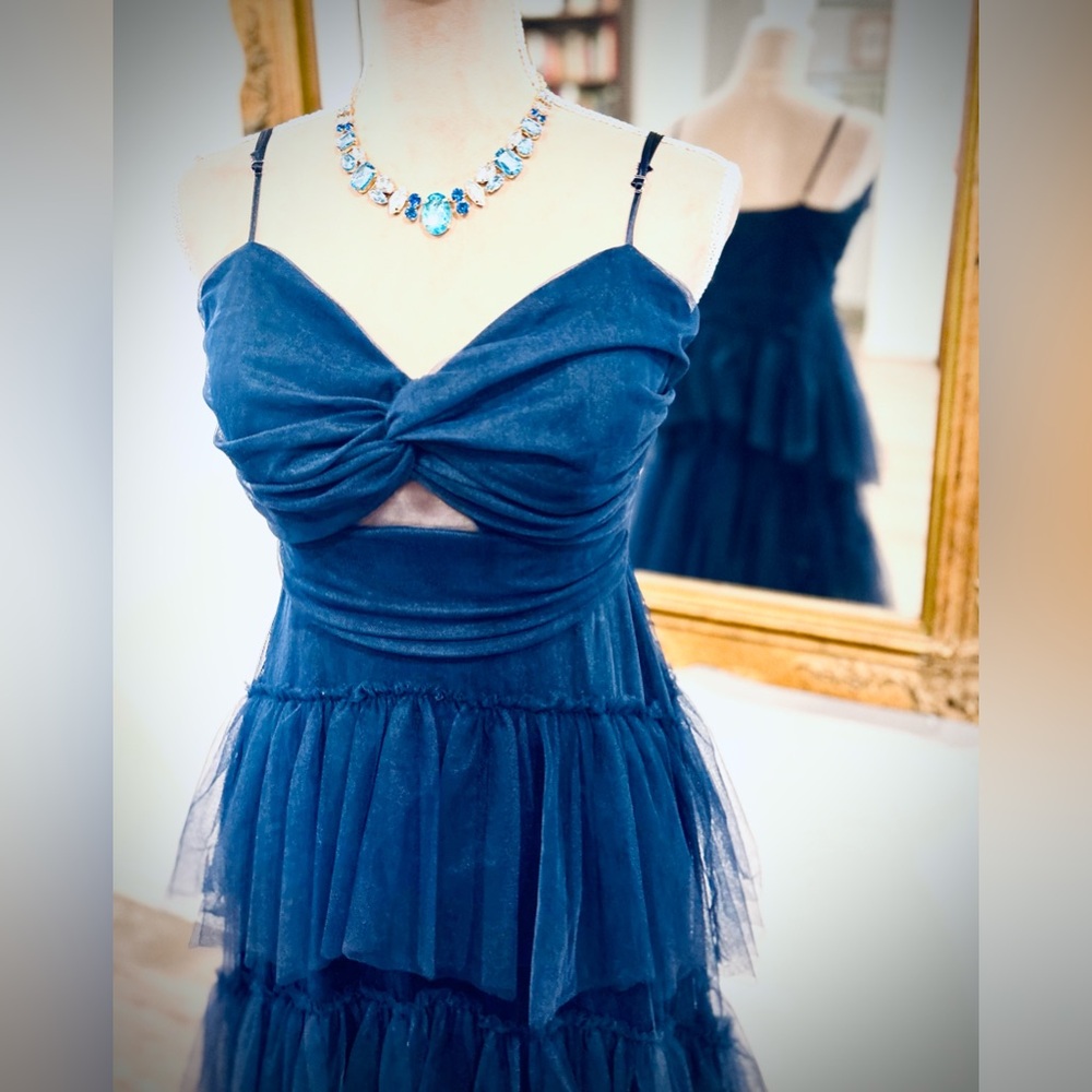 Tulle Tiered Skirt Prom Dress Blue Black Navy Evening Gown Goth Witchy Vibes - Picture 5 of 10